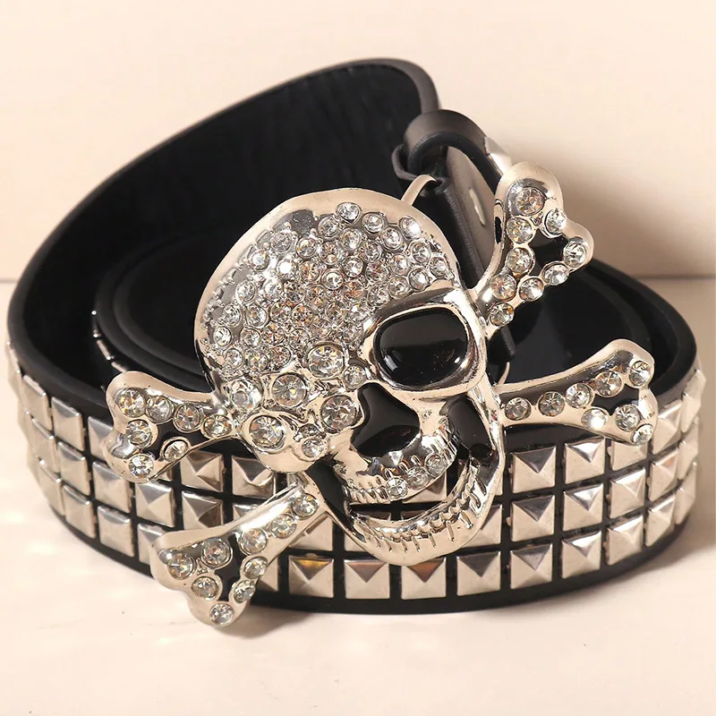 2024 Versatile Trouser Belt for Men and Women Punk Rock Nightclub Rivet Belt Porous Wide Personalized Skull Waistband