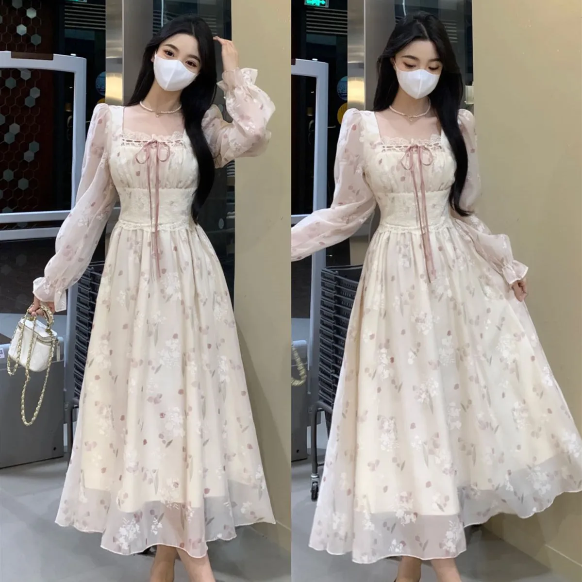 

Large size 2024 Spring and Autumn New French Square Neck Long Skirt Printed Chiffon Waist Slimming Long sleeved Dress for Women