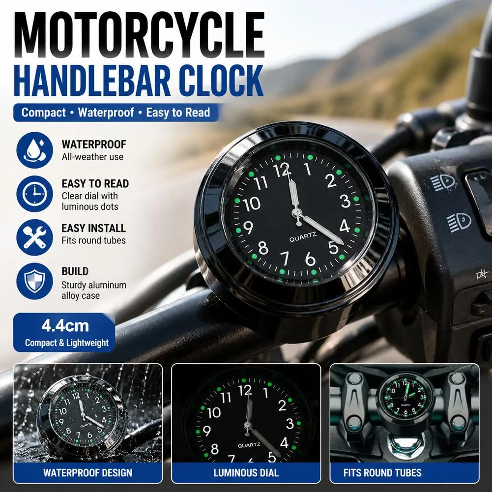 Aluminum Luminous Quartz Watch 22-25mm Motorcycle Scooter Bicycle Handlebar Mount Clock Time Display Clock Moto Accessories