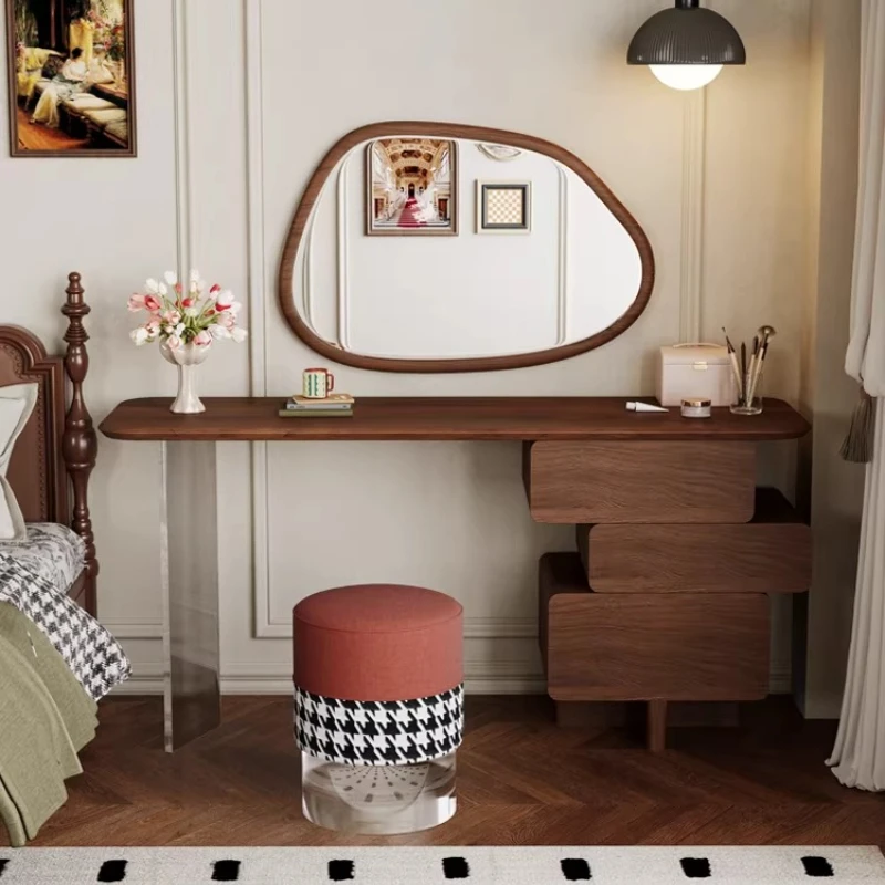 

French retro style solid wood dresser retractable bedroom bedside chest American walnut makeup table