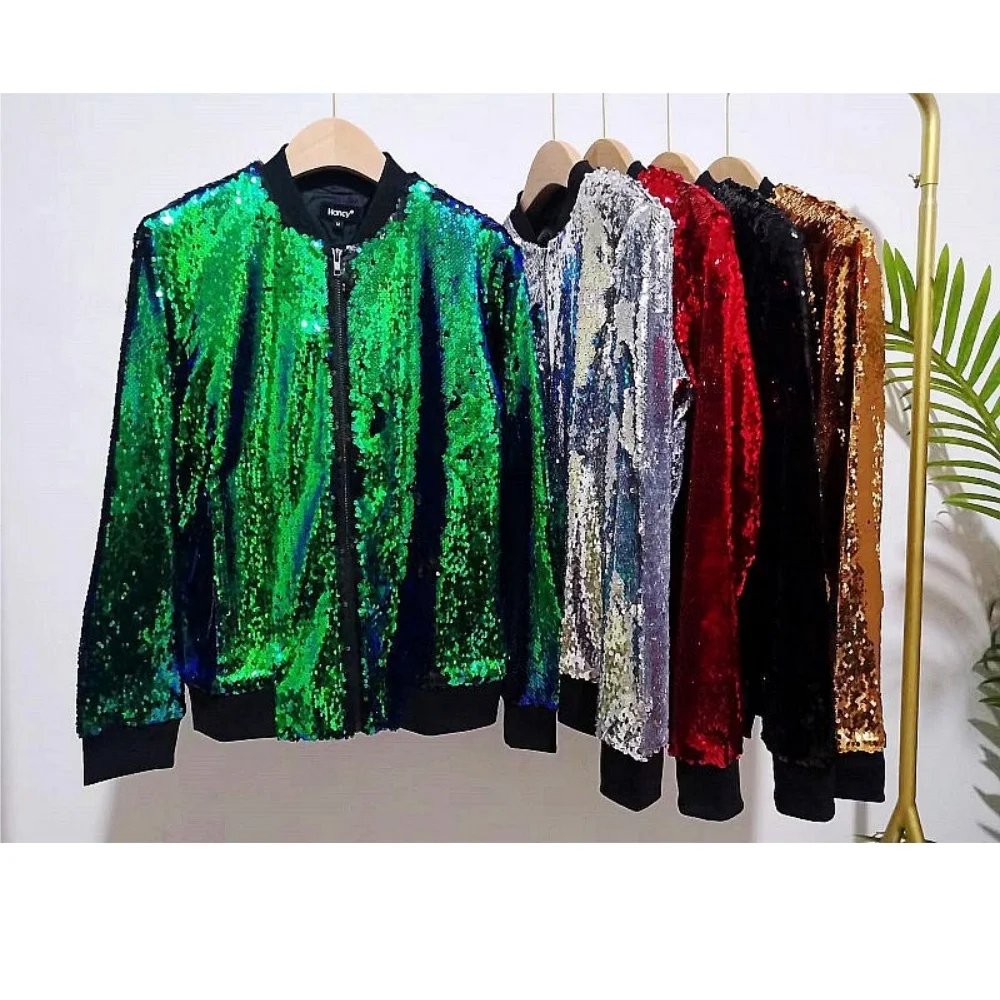 Coat Women\'s Autumn Sequin Jacket Loose Sequin Baseball Jackets Stage Performance Shiny Tops Casacos Feminino