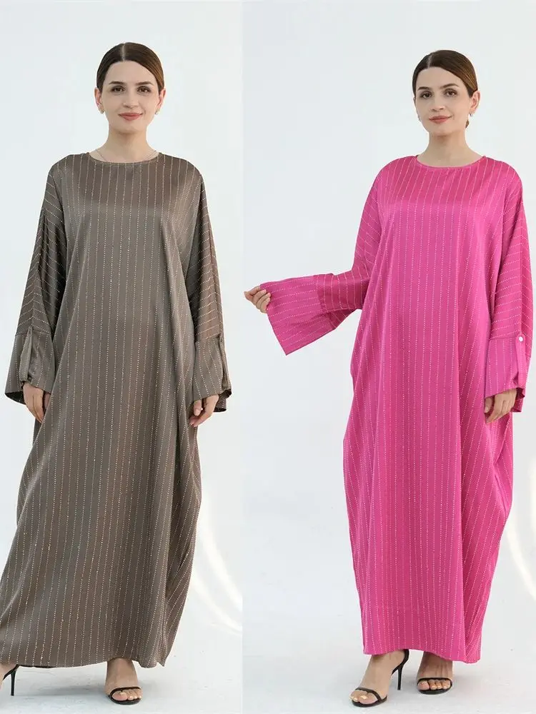 

Ramadan Eid Satin Stripe Abaya Dubai Kaftan Muslim Modest Dress Islamic Prayer Clothes Abayas For Women Robe Femme Musulmane