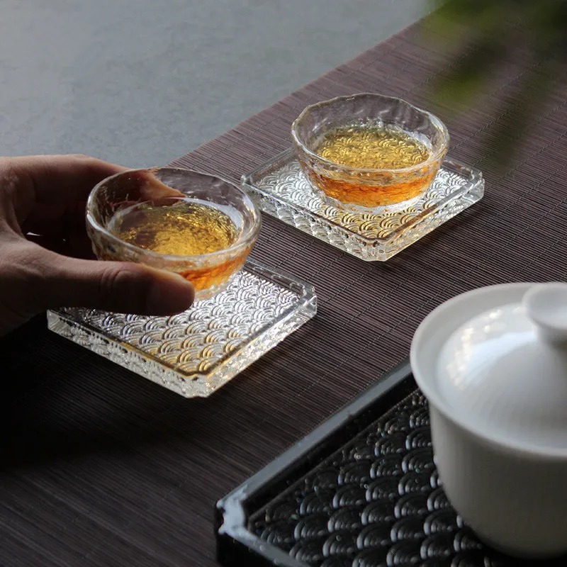 Japanese Style Sea Wave Pattern Glass Coaster, Square, Round, Whiskey, Teacup, Kung Fu Tea Cup Mat, Saucer, Wine Tumbler Holder