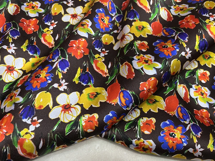 High Quality Real Silk Spandex Satin Coffee Color Bottom Flower Spray Painting Fabric Dress Cloth