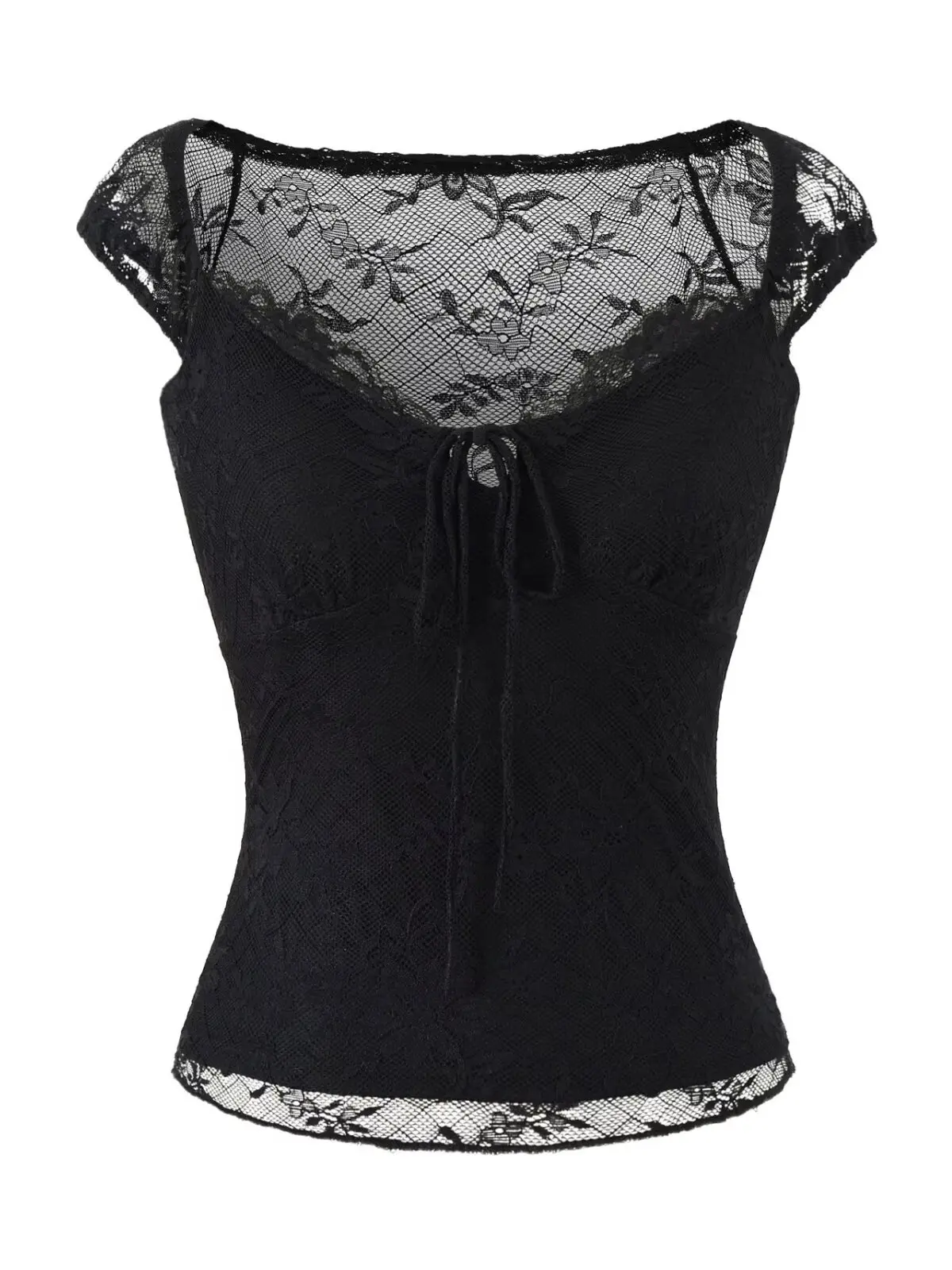 Women's Lace Trim Belted U-Neck Vest Slim Fit Short Top T-Shirt Fashion Element Lace Style V-neck Nylon Spandex Made in China