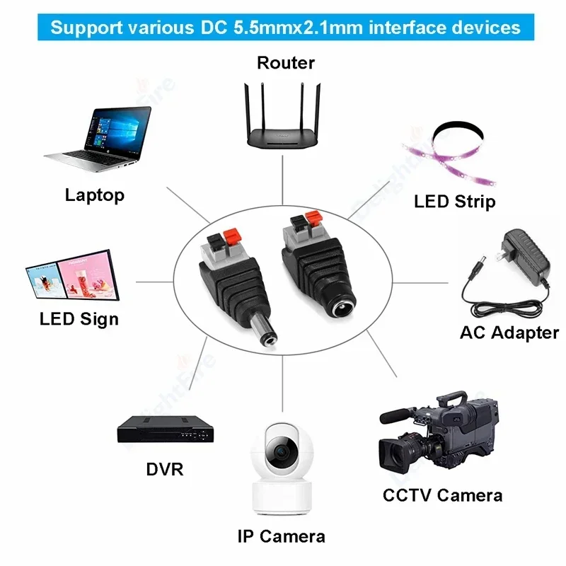 1/100pcs Female Male DC Connector 2.1*5.5mm Jack Power Adapter Barrel Wire Connectors For LED Strip Light CCTV Camera