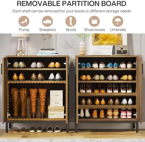 문이 있는 20켤레 신발장, 5단 수납 정리함(연한 갈색)