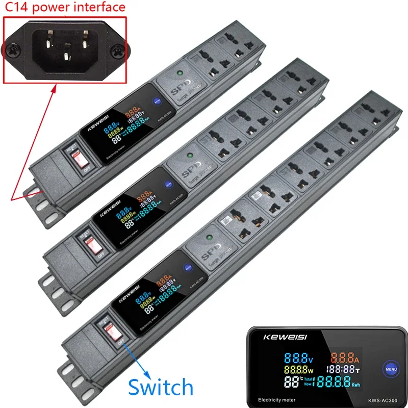

PDU Power Strip With Switch Surge protection 2/3/4/5/6/7/8 Universal Socket Digital Ampermeter Voltmeter Ammeter C14 interface