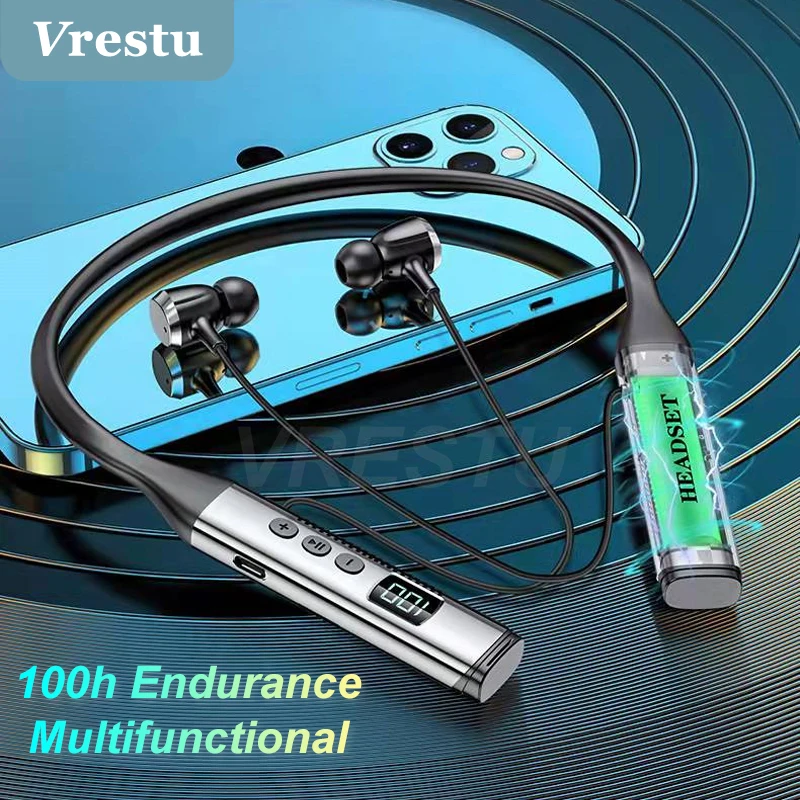 100H Playback Monitoring Wireless Headphones Earphone Neckband Headset Noise Reduction Earbuds Emergency Power Bank TF Card HiFi