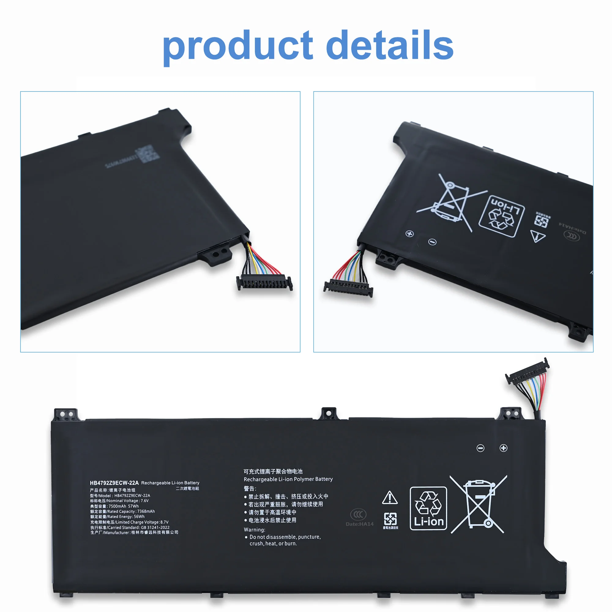 

LOLG HB4792Z9ECW-22A 4ICP5/62/81 Laptop Battery For Honor Magicbook X14 I7-1165G7 NDR-WFH9HN NMH-WFQ9HN NBR-WAH9 WFE9H WAX9X