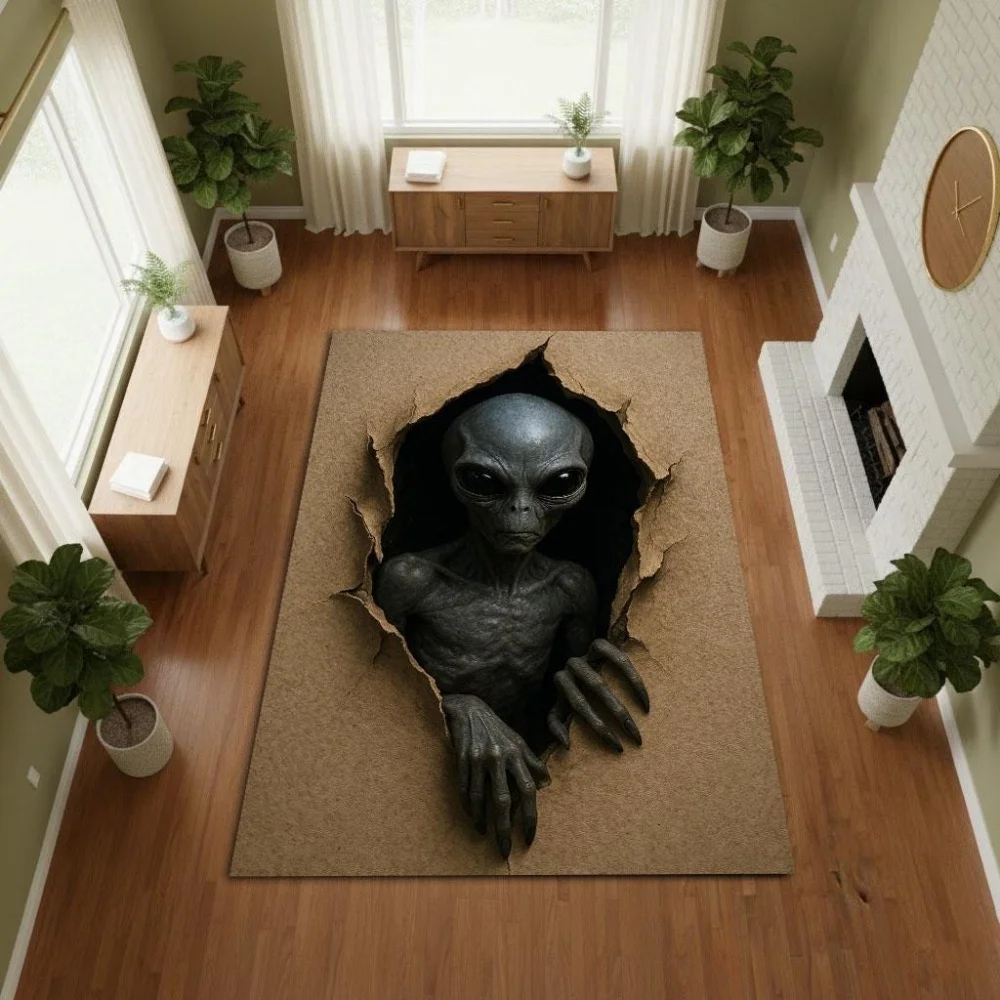 Alien Break Through Wall 3D Illusion carpet game room gaming setup media room lounge corner Non Slip Rug Gift