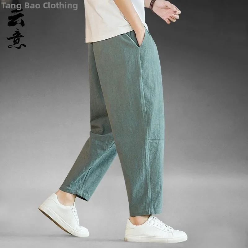 

Летние мужские свободные прямые повседневные брюки из тонкого хлопка и льна, широкие брюки Харлан, брюки с девятью точками, удобная посадка