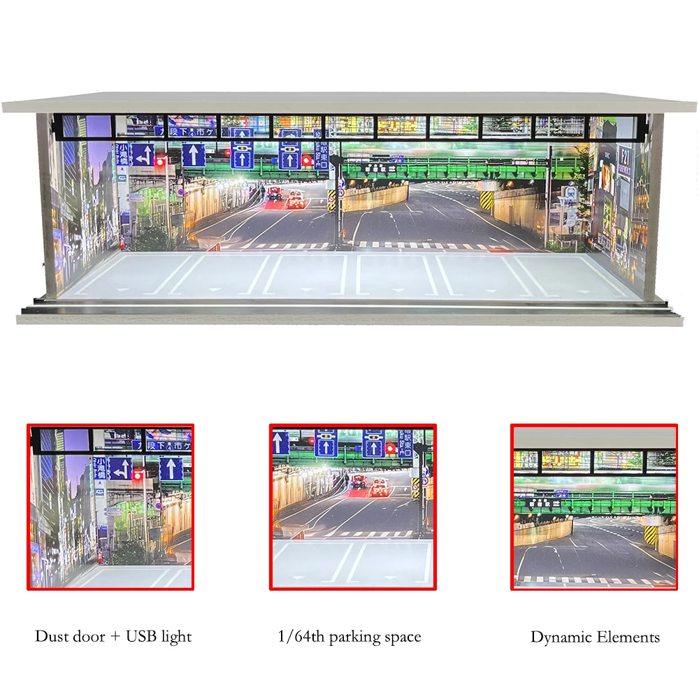 Auto-Garage-Diorama im Maßstab 1:64, mit USB-LED-Licht, realistische Parkplatz-Vitrine für Modellautos und Miniaturfahrzeuge – Detail 17