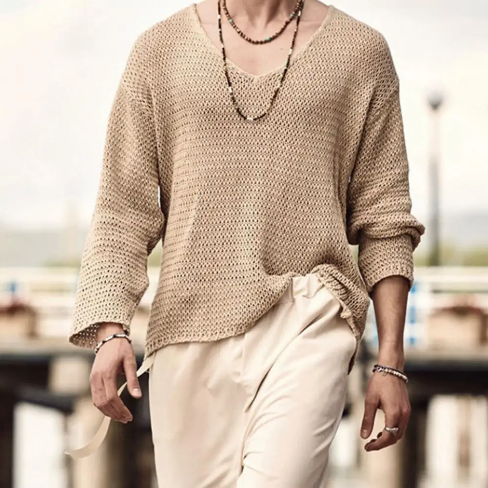 Atasan Pria Lengan Panjang, kaus pria lengan panjang pas badan kasual leher V simpel semua cocok