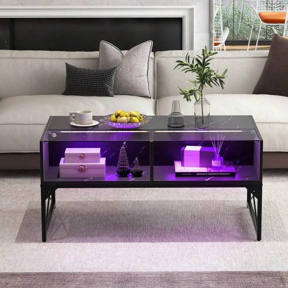 High-gloss Coffee Table w/ Faux Marble & Tempered Glass Top 4 Storage Cubes