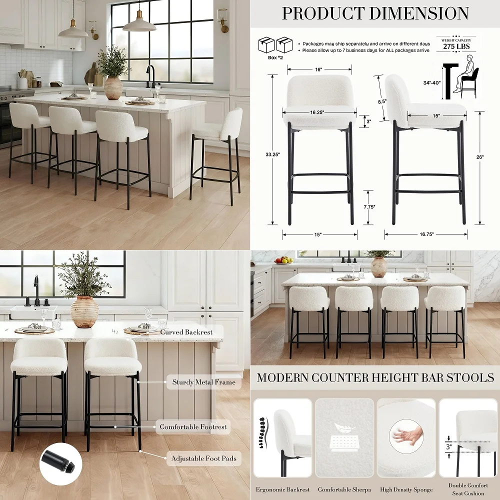 

Modern Sherpa Counter Stools Set of 4, White Upholstered Boucle Counter Height Bar Stools with Comfy Back, High Dining Chairs K