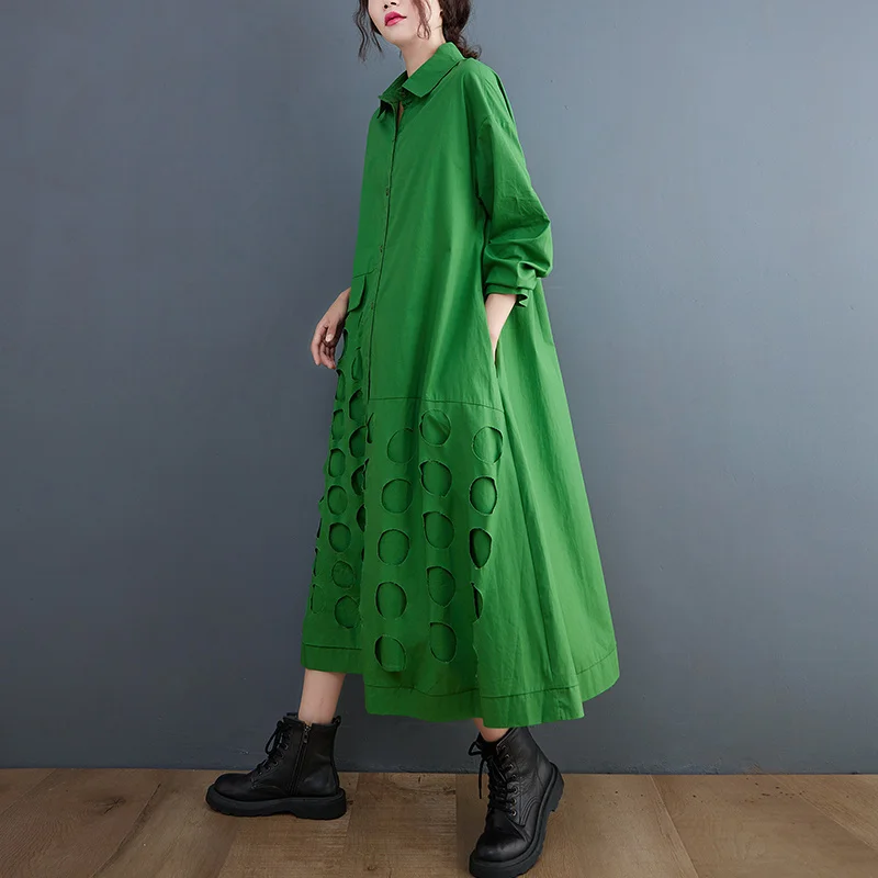 #3204 Black Green Long Shirt Dress Woomen Loose Turn-down Collar Button Front Shirt Dress Long Sleeve Loose Irregular Dresses