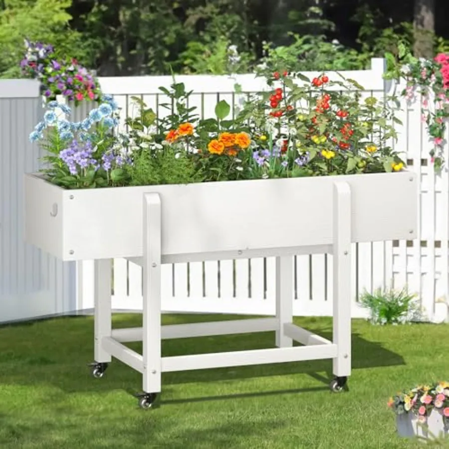 Raised Garden Bed with Wheels, 48 * 16.7 * 28 in, Poly Elevated Outdoor Planter Box with Tools, Weather Resistant, Standing Gro