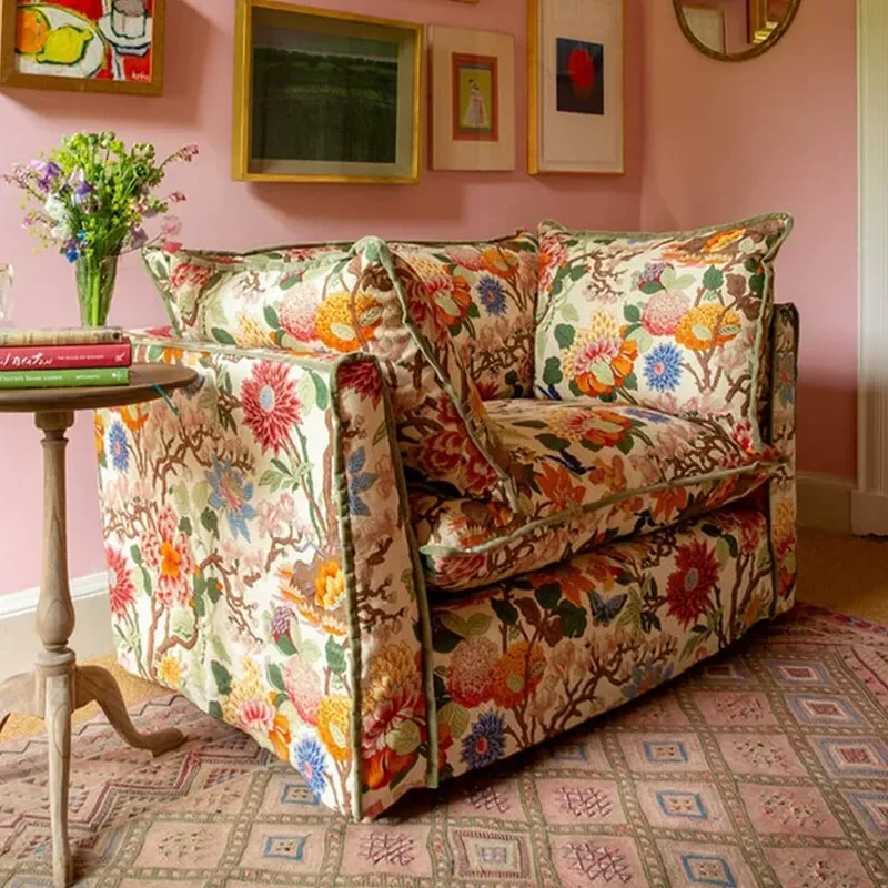 Pastoral Fabric Sofa Chair Small Apartment Living Room Printed Single Sofa Retro Bedroom Leisure Chair