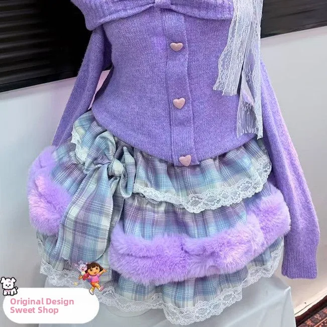 手作りオリジナルワンショルダーストラップニットセーター Y2K ふわふわケーキスカートベルベット女性の秋ファイオントップとボットセット