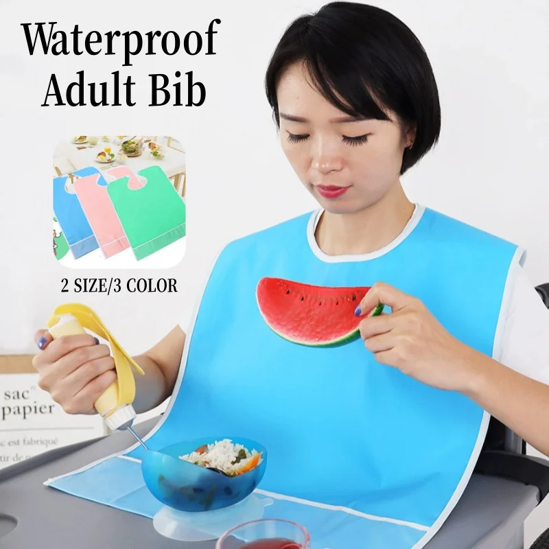 Adult Bib PVC Water-proof and Oil-proof No-wash Style Apron for Elderly Patients Eating and Dining Apron with Pocket