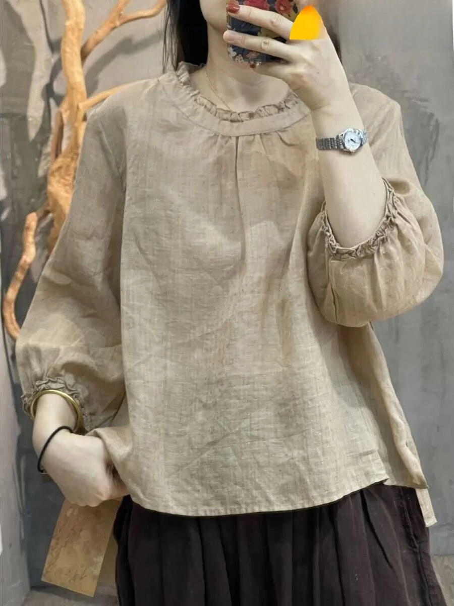 

Casual Waed Linen irt Women's Lantern Sve Babydoll Top round Ne Long Sve Nine Points Wood ain Simple Sle