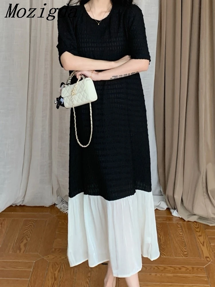 فستان نسائي كوري صيفي جديد من فيستدوس رداء Elbise فضفاض مقاس كبير وأكمام قصيرة مرقعة بحاشية من الساتان فستان طويل #1