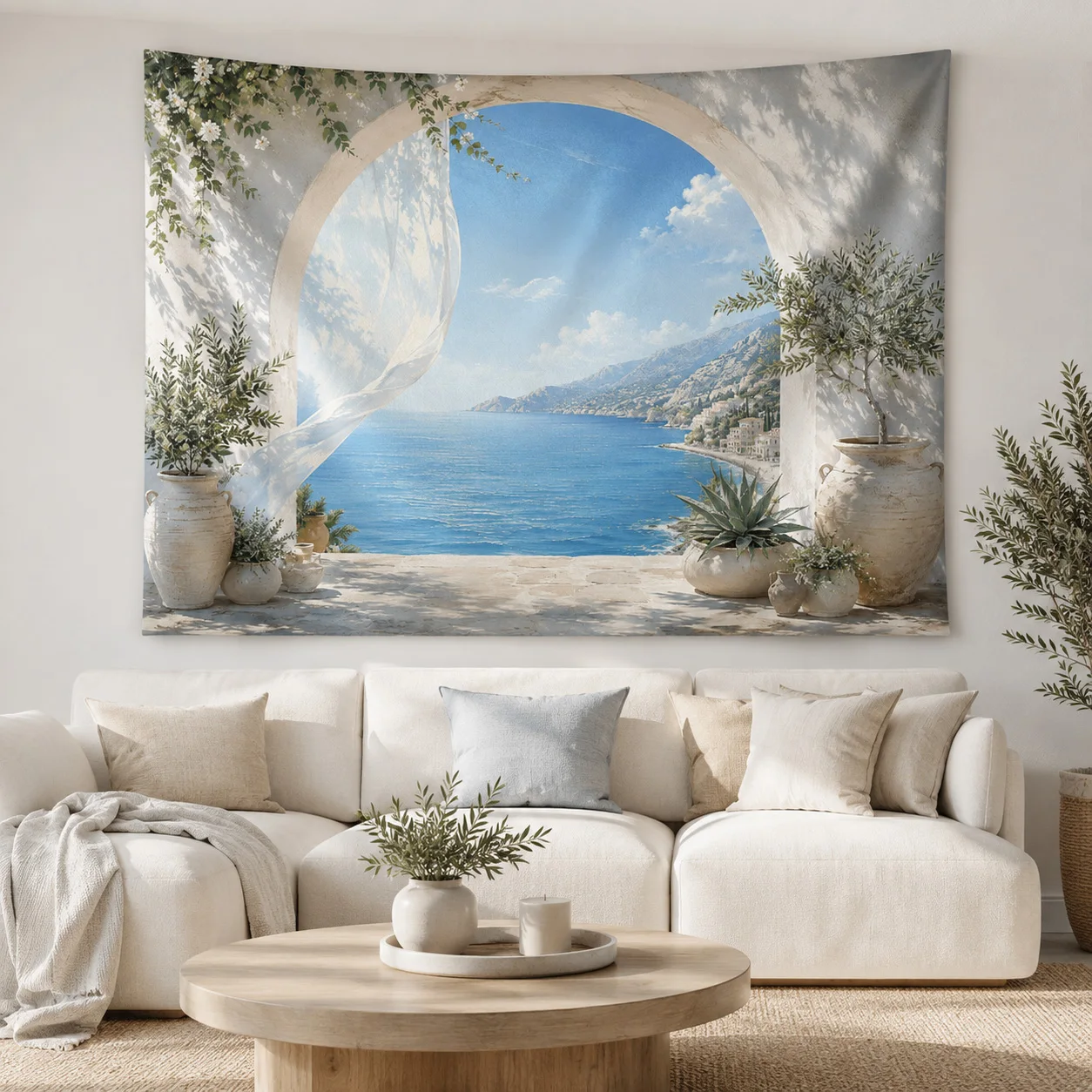 Mediterranean Sea Arch Window Tapestry Coastal Landscape Wall Hanging Aesthetic Bedroom Home Decor