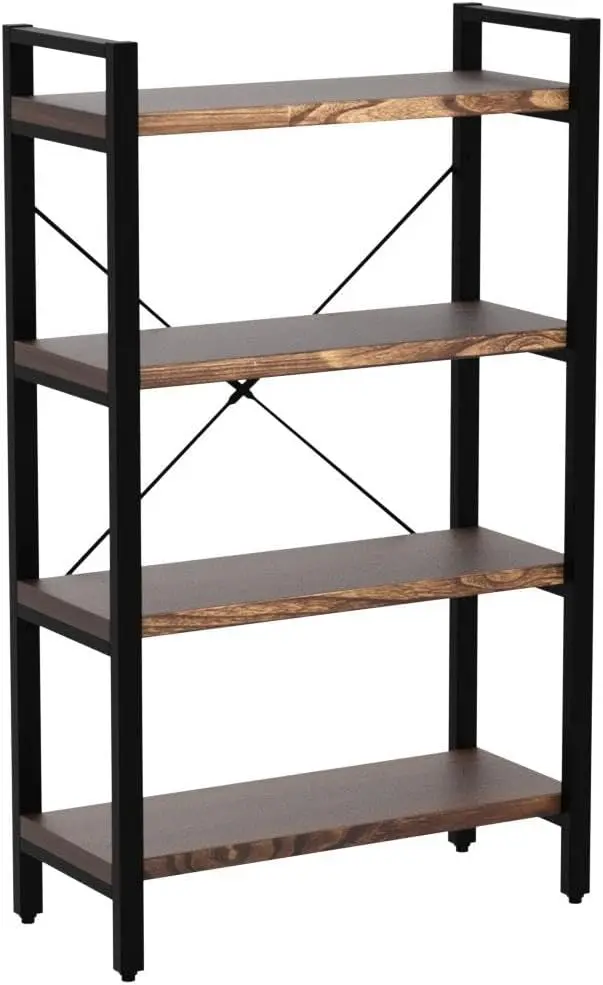 Wood Bookshelf,4 Tier Rustic Vintage Industrial Etagere Bookcase, Open Metal and Wood Vintage Book Shelf, Retro Brown