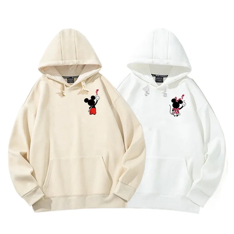 Hooded Sweater Loose Casual Couple Ins Cartoon Mickey Mouse Print Top 18-24y White Beige Sweatshirt Hoodie Minimalist  Tops