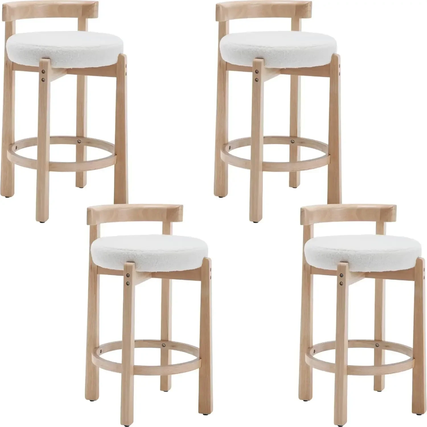 Ensemble de 4 tabourets de bar Mid-Century, comptoir sherpa de 26.5 pouces, blanc