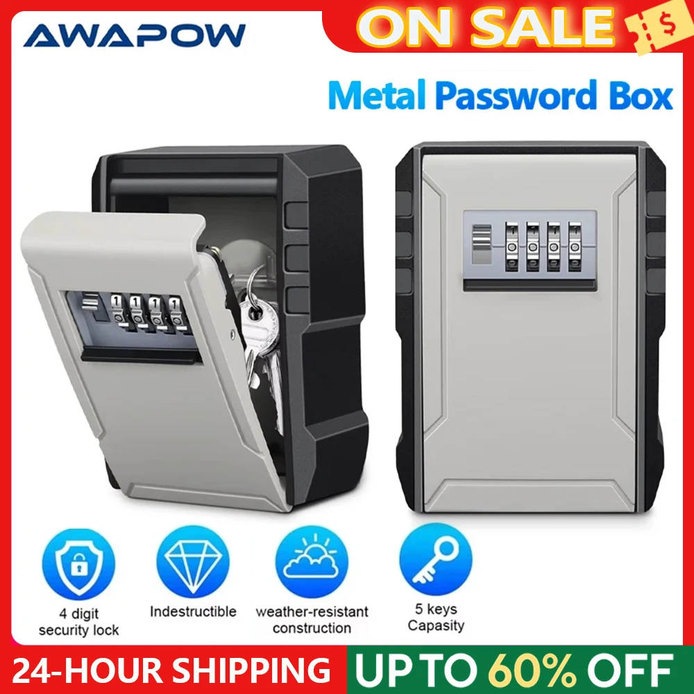 Awapow Metal Password Key Box Wall Mounted 4 Digits Password Storage Box Durable Waterproof Anti Theft Safe Keybox Organizer