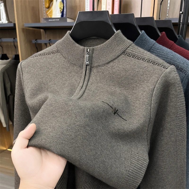 2026 New Winter Sweater for Men, Thickened and Warm Dad Outfit, Half High Neck Zipper Knit Sweater, Base Sweater