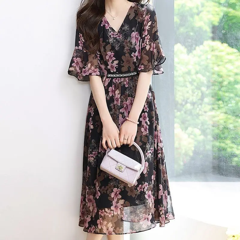السيدات الخامس الرقبة الأزهار الشيفون فساتين قصيرة الأكمام الصيف مزاجه مشد ميدي اللباس الكورية الطباعة جيب فستان زهري المرأة #6