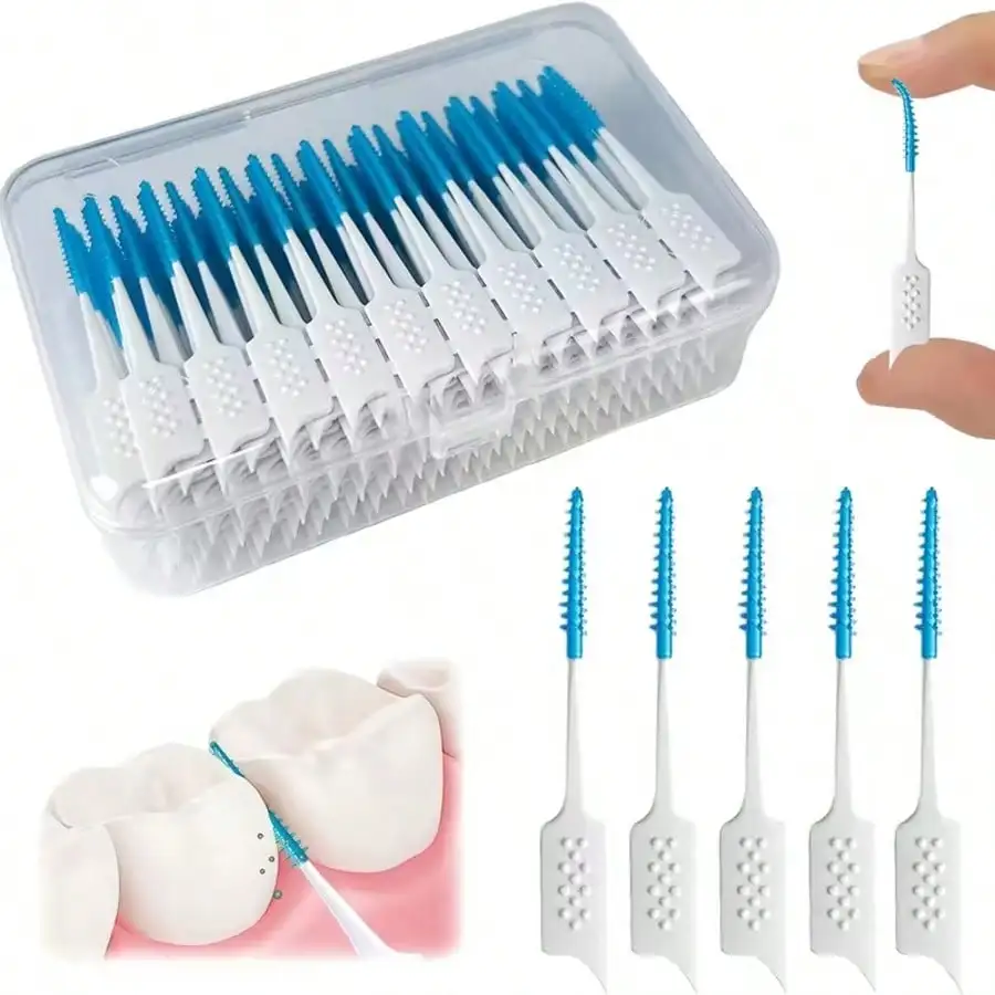 Paquete de 200 Cepillos Interdentales Suaves con Cerdas Azules para Limpiar Espacios entre Dientes, para Aparatos Ortodóncicos y Correcciones Orales, con Estuche de Almacenamiento