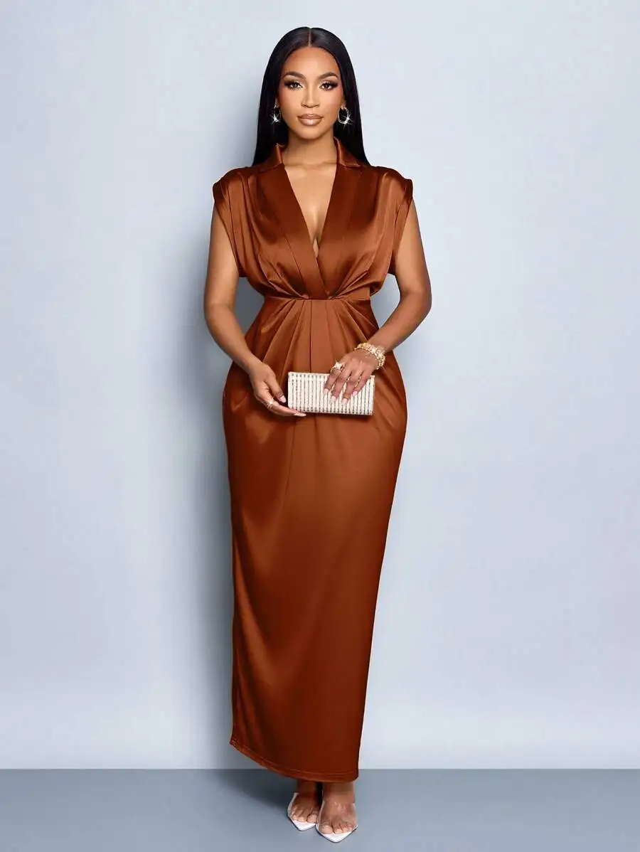 

Women Minimalist Office Lapel Neck Batwing Sleeve Ruched Bodycon Satin Maxi Dress