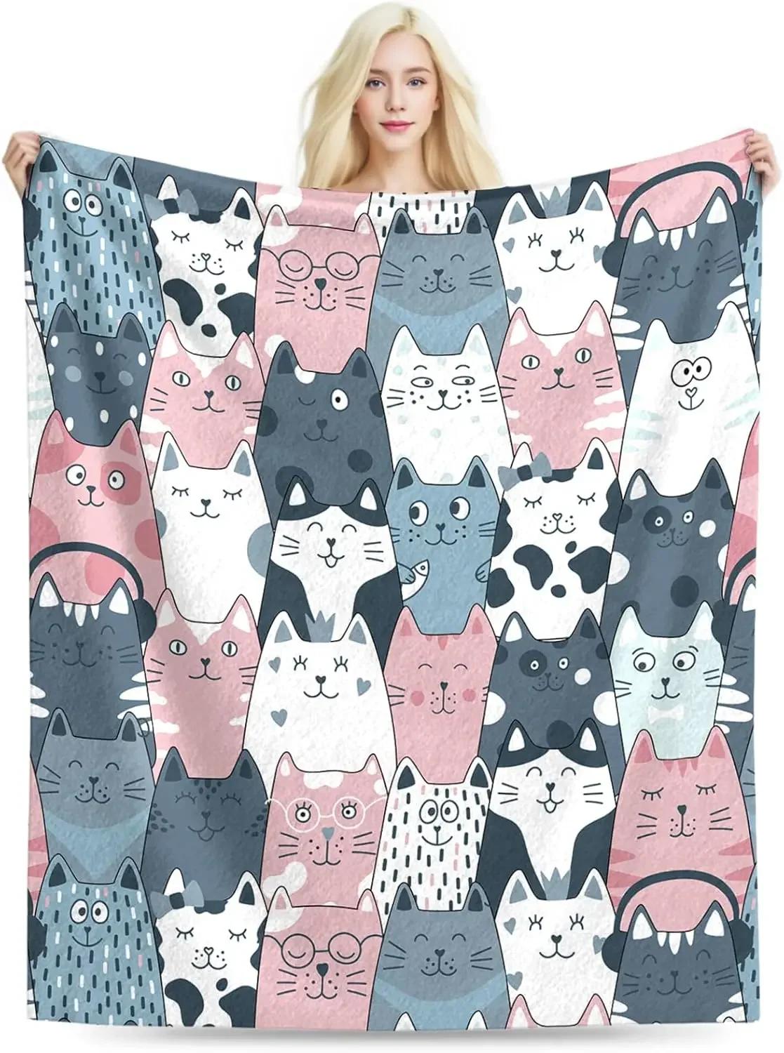 Cute Cat Blanket Seamless Cartoon Kittens Pattern Throw Blanket Aesthetic Kawaii Room Decor Couch Sofa Bedding for Women