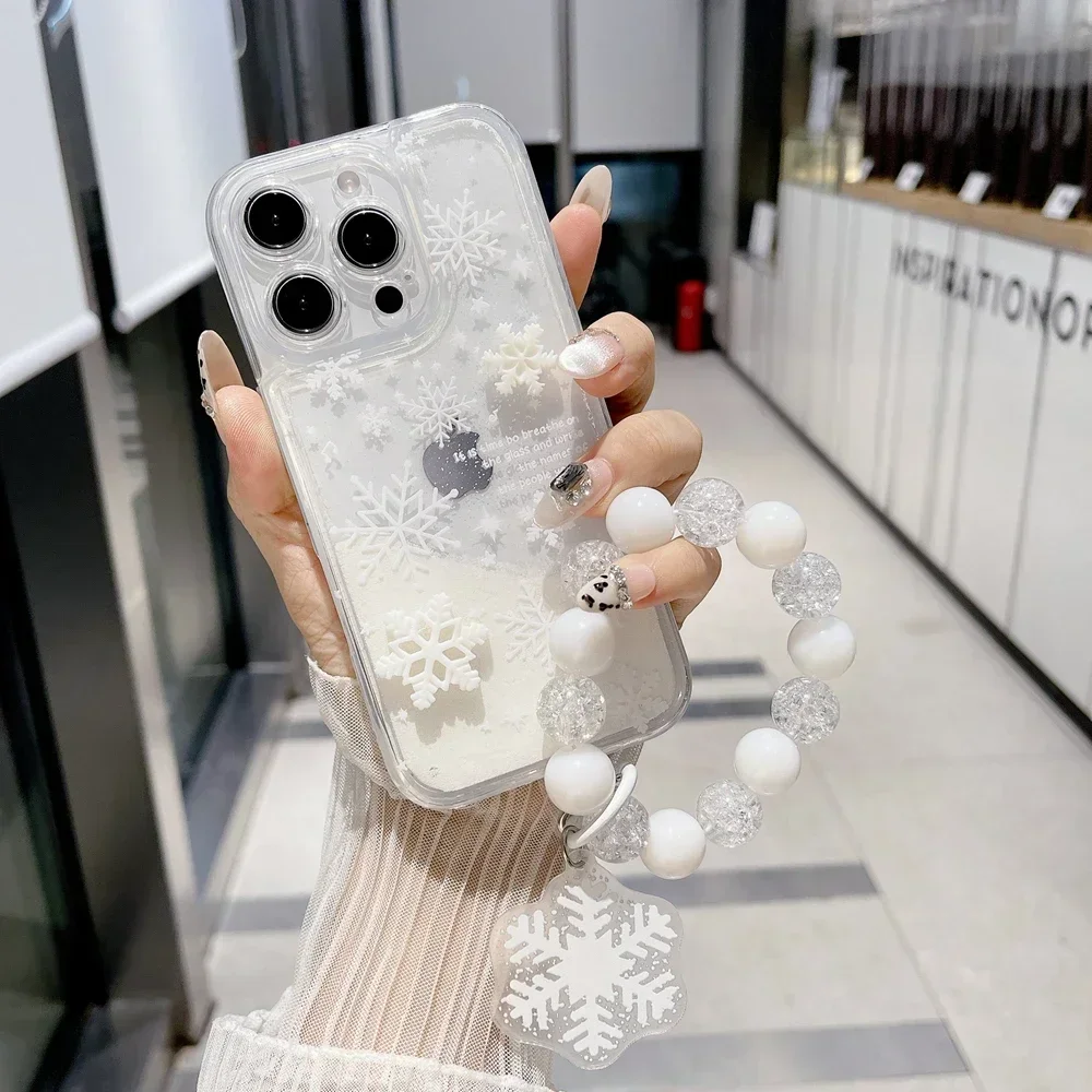 Glitter Quicksand Snowflakeนาฬิกาข้อมือสําหรับiPhone 16 15 14 Pro Max Plus 12 13 11 3Dดอกไม้สร้อยข้อมือลูกปัดกันกระแทก