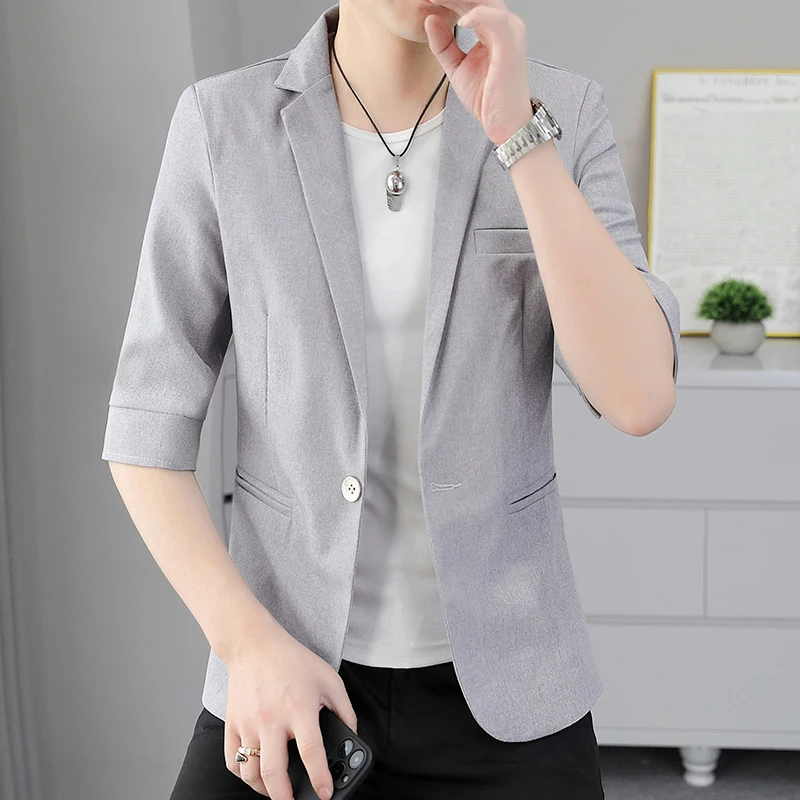 

Solid Color 2025 Summer Casual Men's Thin Suits Korean Slim Fit Jackets Short Sleeve Top Small Suit Single Button Coats Clothing