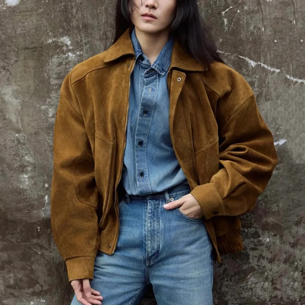 Suede Women's Jacket Y2K Oversized Pockets Elegant Commuter Style Pilot Leather Jacket Topwear 2025 Autumn/Winter New Collection