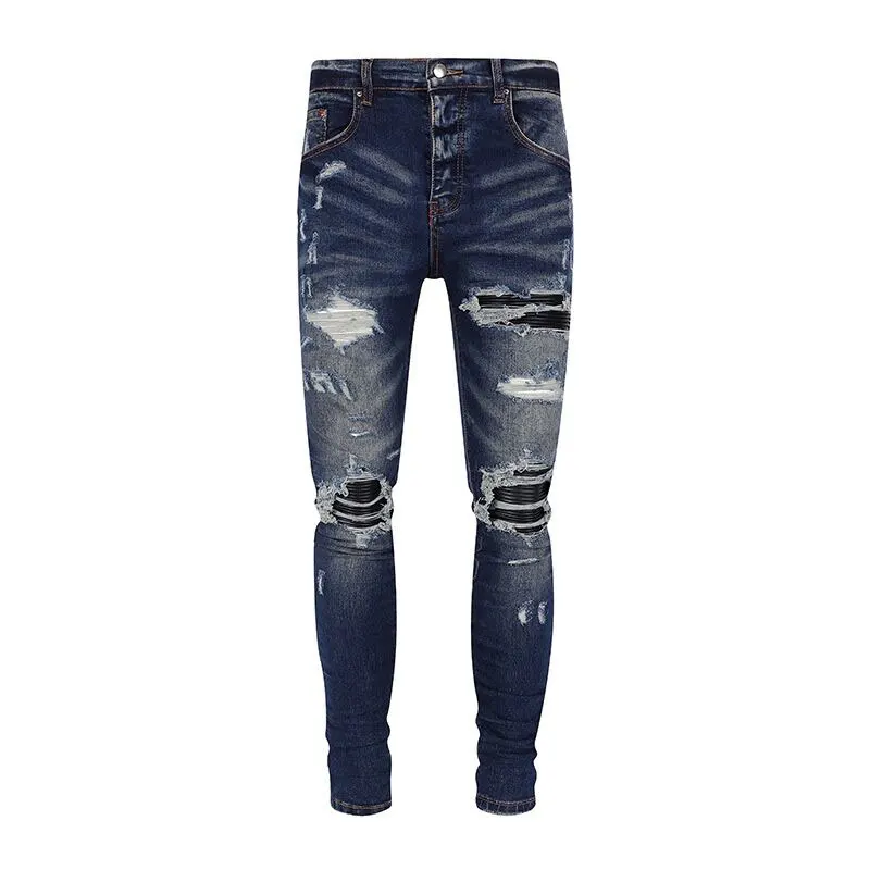 Y2K High Street Fashion New Men's Blue Jeans Washed Nostalgic Perforated Black Leather Patch High Street Trendy Hip Hop Brand Je