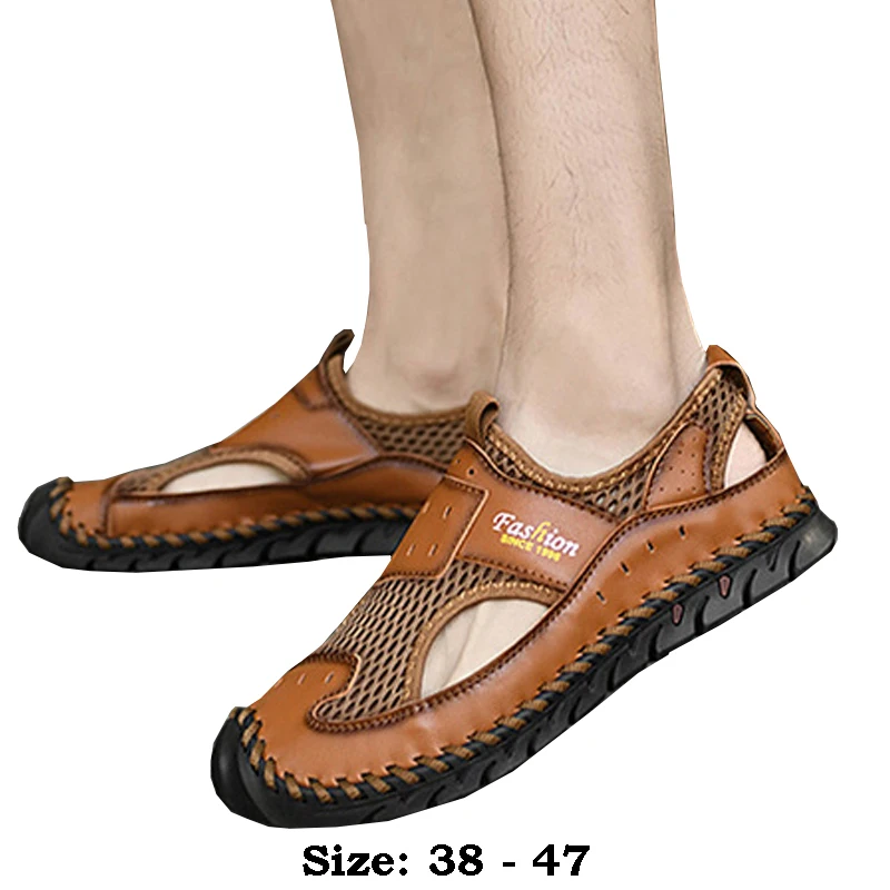 

High quality leather flat sandals for men round toes new summer 2024 size 46 47 casual outdoor walking big size shoe brown green