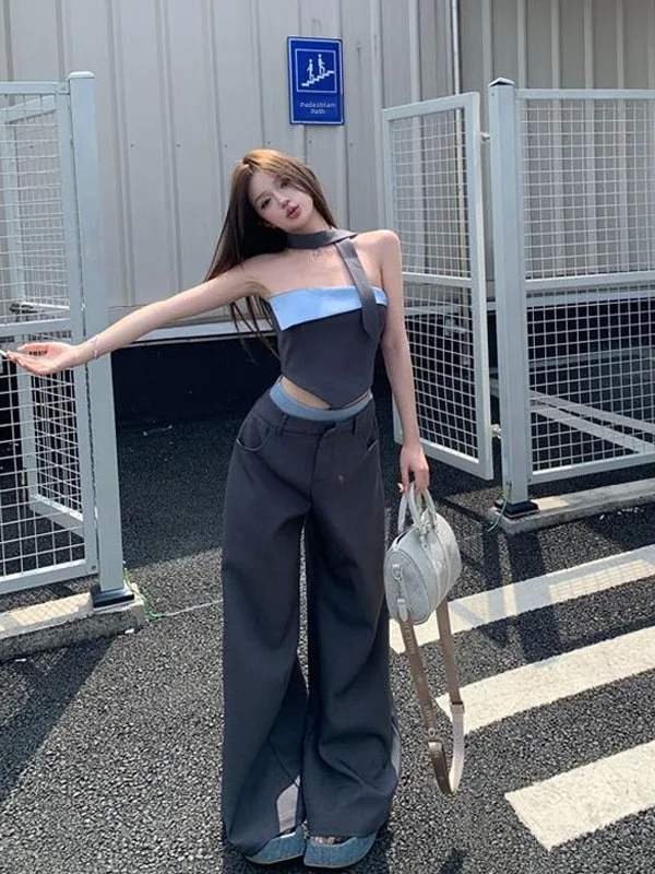 American Sle Hot Girl Set Women's oulder Bared Crop Top And Wide Leg Pants Loose Casual Two Piece Set Summer Contrast Spl...