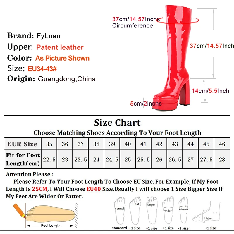 Botas altas de charol brillante con punta cuadrada para mujer, zapatos de gladiador de invierno, tacón de bloque de 14CM, botas hasta la rodilla con plataforma gruesa roja