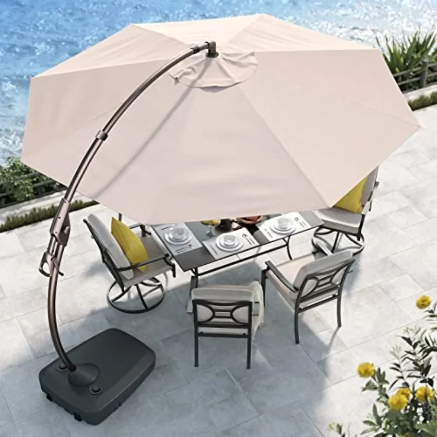 Cantilever Round Umbrella with Base for outdoor patio use, aluminum frame and polyester canopy, beige color, tilt and rotation