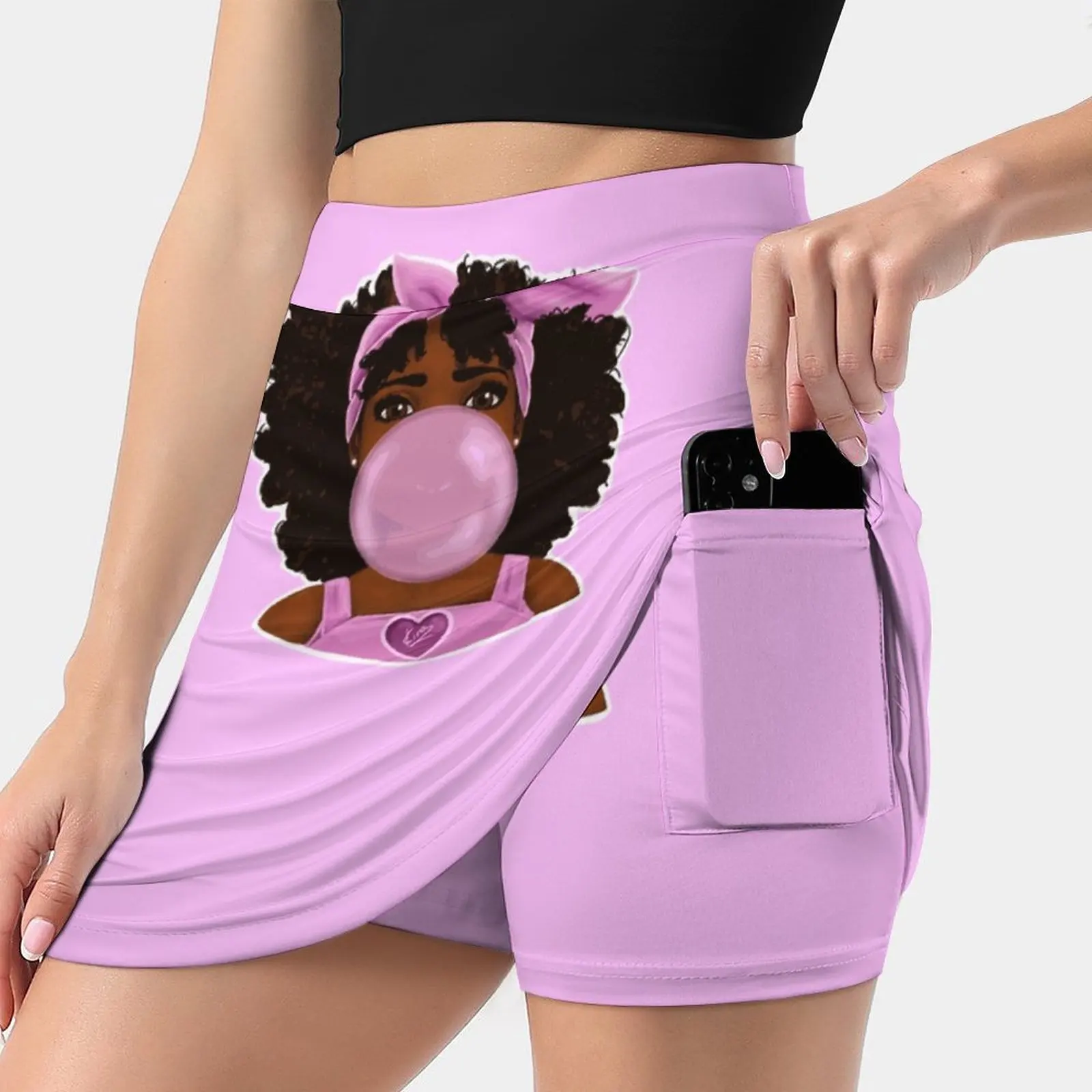 Bubble Gum | Little Black Girl Portrait Women's skirt Mini Skirts A Line Skirt With Hide Pocket Gum Candy Pink Curly Bow Bubble