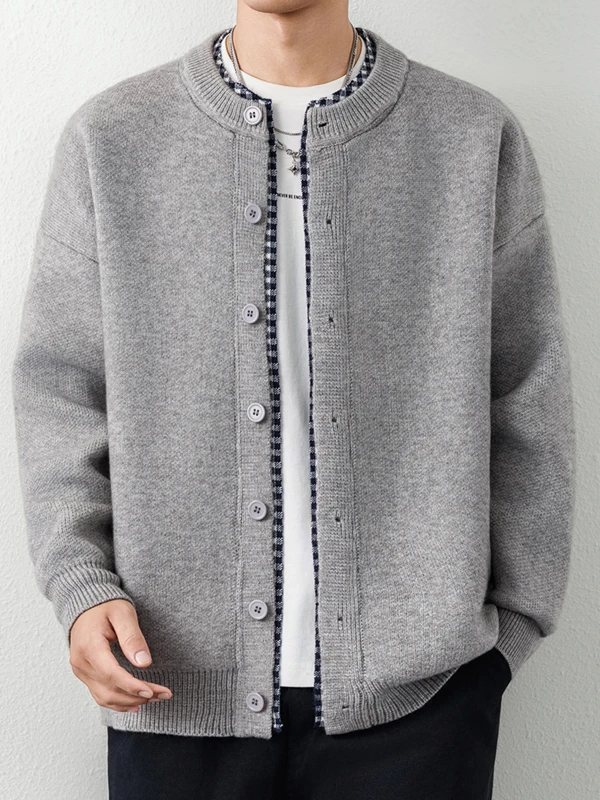 

Мужской вязаный свитер с воротником-стойкой, имитация двухслойности, повседневный, весна-осень, модный, с эффектом пэчворк, премиум-класса, с длинными рукавами