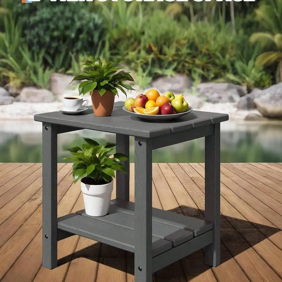 18' 2-Tier Outdoor Square Side Table, HDPE All-Weather Resistant Patio End Table With Easy Maintenance For Backyard, Deck And Po