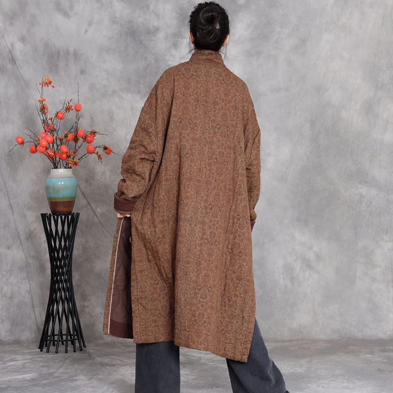 سترات نسائية سميكة من Wram وصلت حديثًا معاطف طويلة شتوية عتيقة موديل 2025 مطبوعة بالزهور معاطف طويلة فضفاضة على شكل حرف a للسيدات M2035