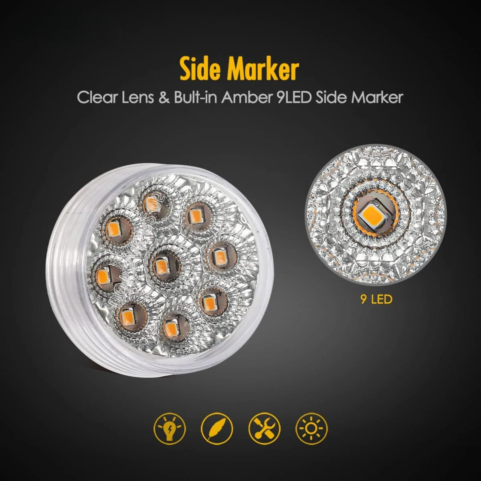 US  20pcs 2 inch Round Amber 9 LED Side Marker Turn Signal Clearance Lights w/Reflector for Trailer Truck Tractor RV, Clear Lens